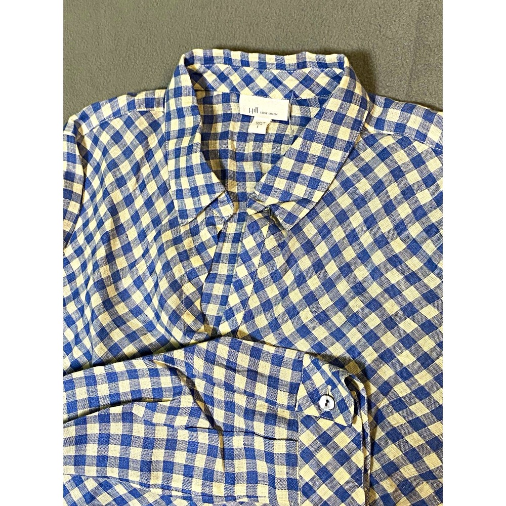 J. Jill Women's Blue/White Gingham Long Sleeve Collared v neck blouse Size S